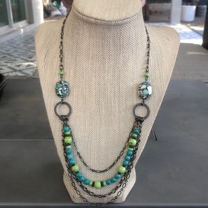 Turquoise and green marbled beaded silver chain layered necklace